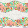 A pink and green floral pattern on the side of a white background.