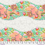 A pink and green floral pattern on the side of a white background.
