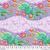 A purple and green floral pattern with white background.