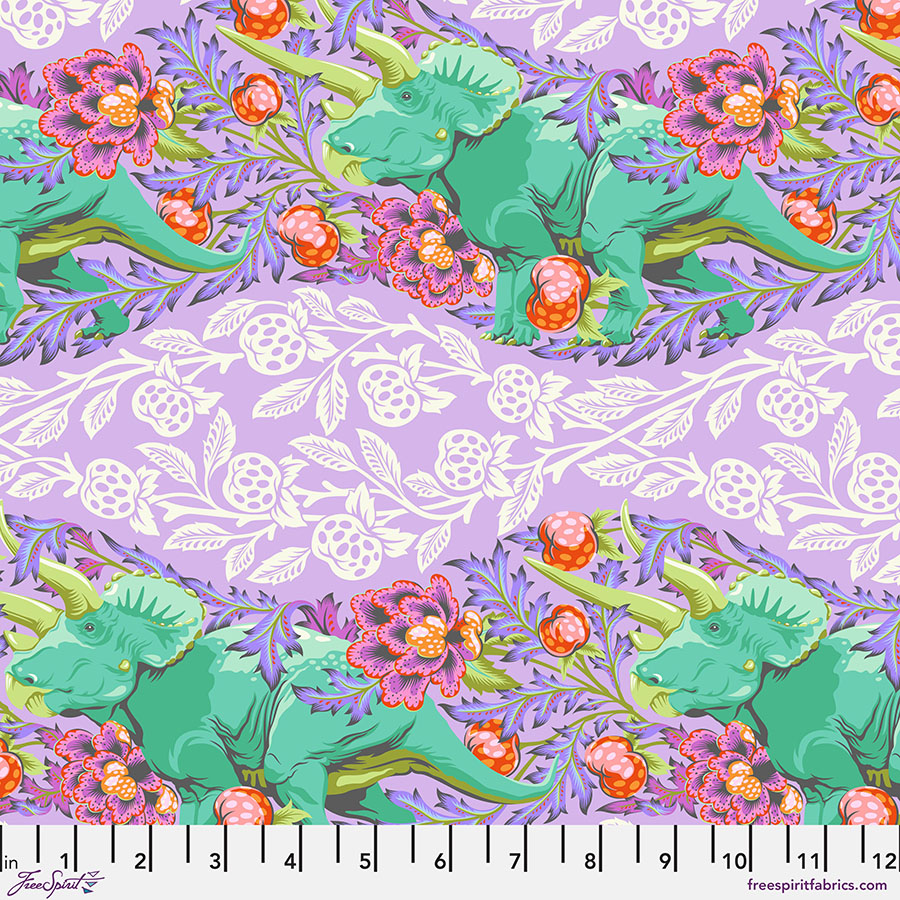 A purple and green floral pattern with white background.