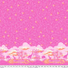 A pink background with animals and stars on it.
