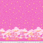 A pink background with animals and stars on it.