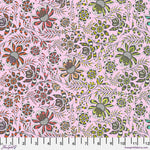 A pink floral pattern with green and red flowers.