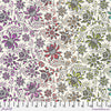 A floral pattern with purple, green and white flowers.