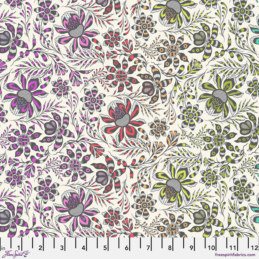 A floral pattern with purple, green and white flowers.