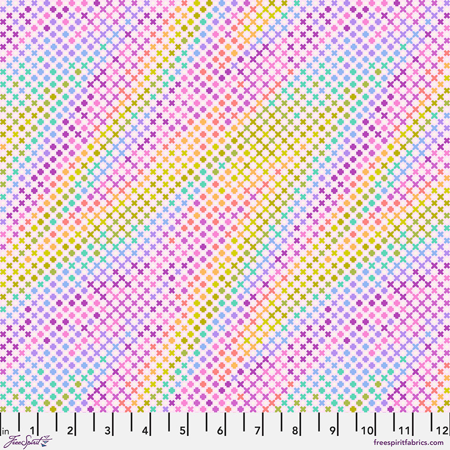 A pink, yellow and blue pattern is shown.