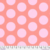 A pink polka dot fabric with white dots.