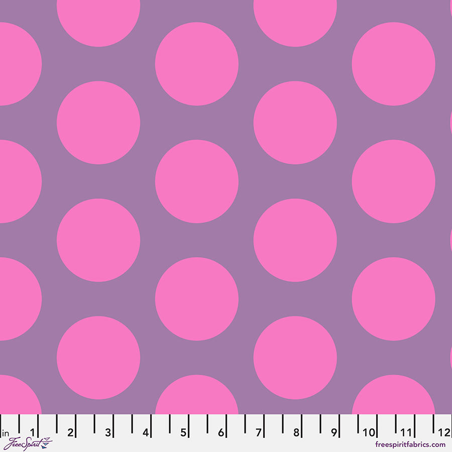 A purple and pink polka dot fabric with a white background.