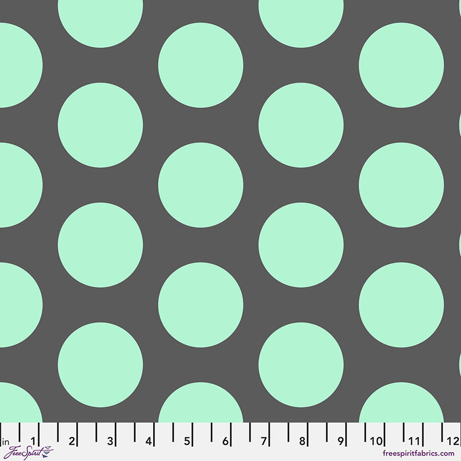 A gray and green polka dot fabric with a white background.