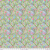 Floral fabric with green background and pink, blue accents.