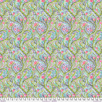 Floral fabric with green background and pink, blue accents.