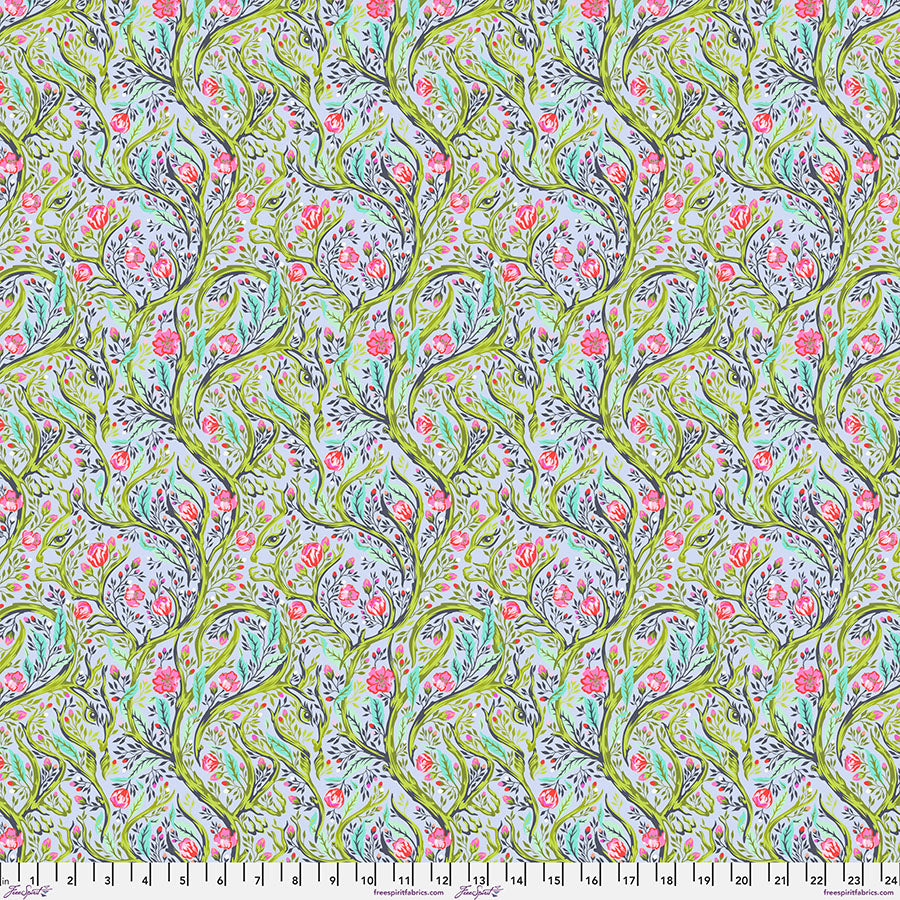 Floral fabric with green background and pink, blue accents.