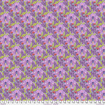 Seamless floral pattern with purple and pink flowers and green leaves.