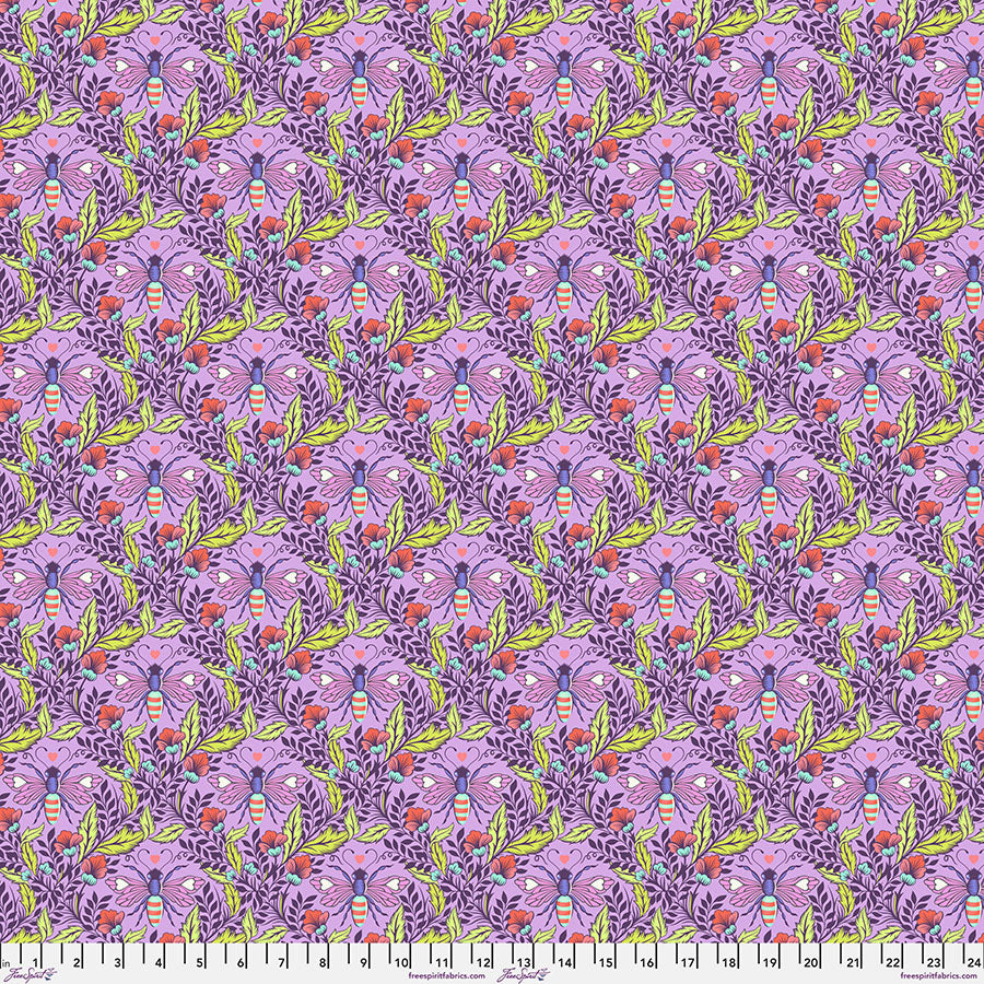 Seamless floral pattern with purple and pink flowers and green leaves.