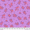 Purple fabric with pink floral pattern and small black details.