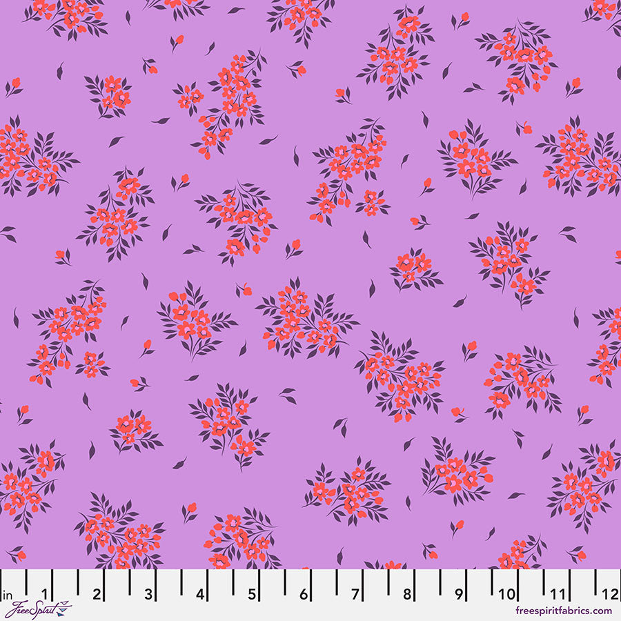 Purple fabric with pink floral pattern and small black details.