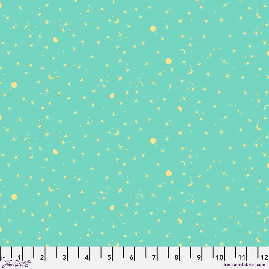 Light blue fabric with scattered yellow dots and star shapes.