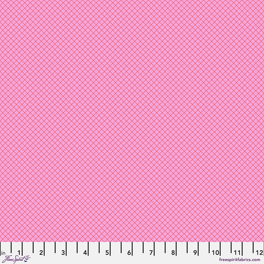 Pink fabric with a textured diagonal dotted pattern.