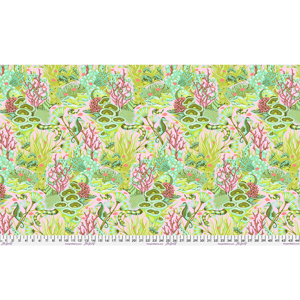 Floral fabric with pink flowers and green leaves on a light background.