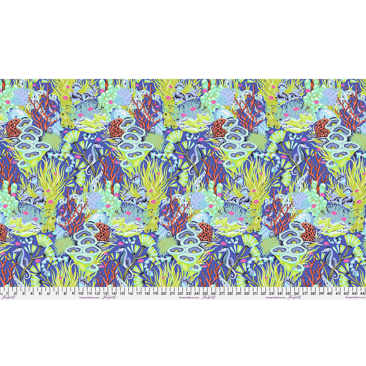 Colorful abstract floral pattern fabric with blue, yellow, and purple hues.