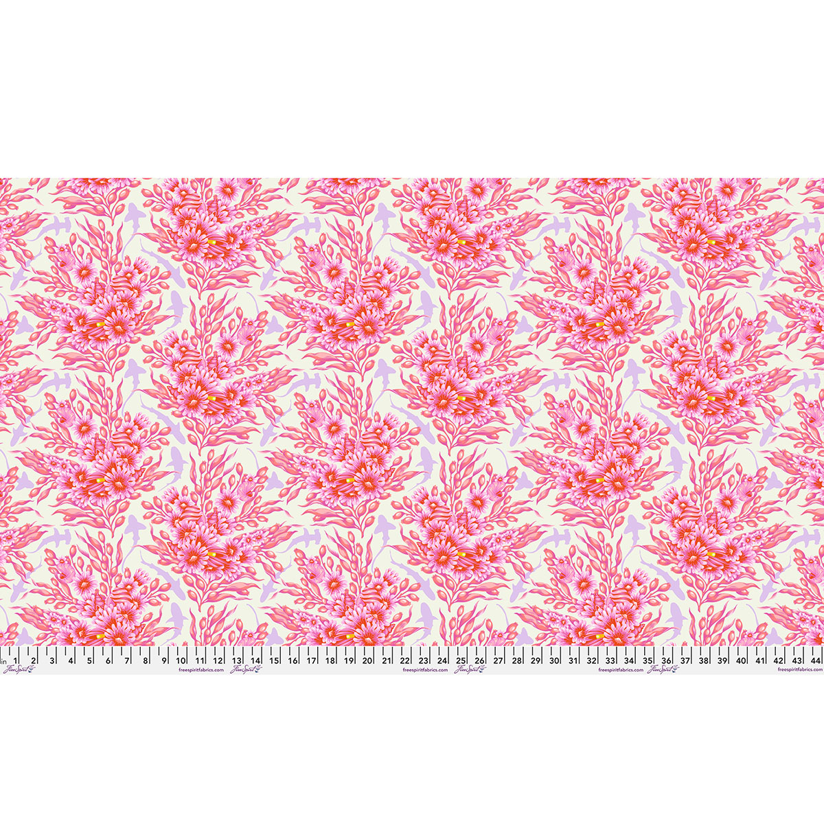 Pink floral damask pattern on white fabric with ruler for scale.
