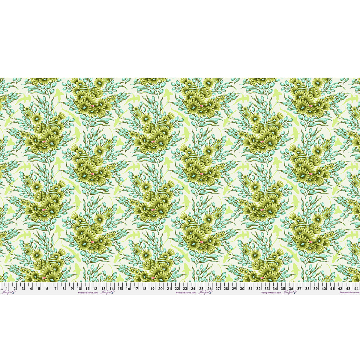 Floral fabric with green and yellow botanical pattern on white background.