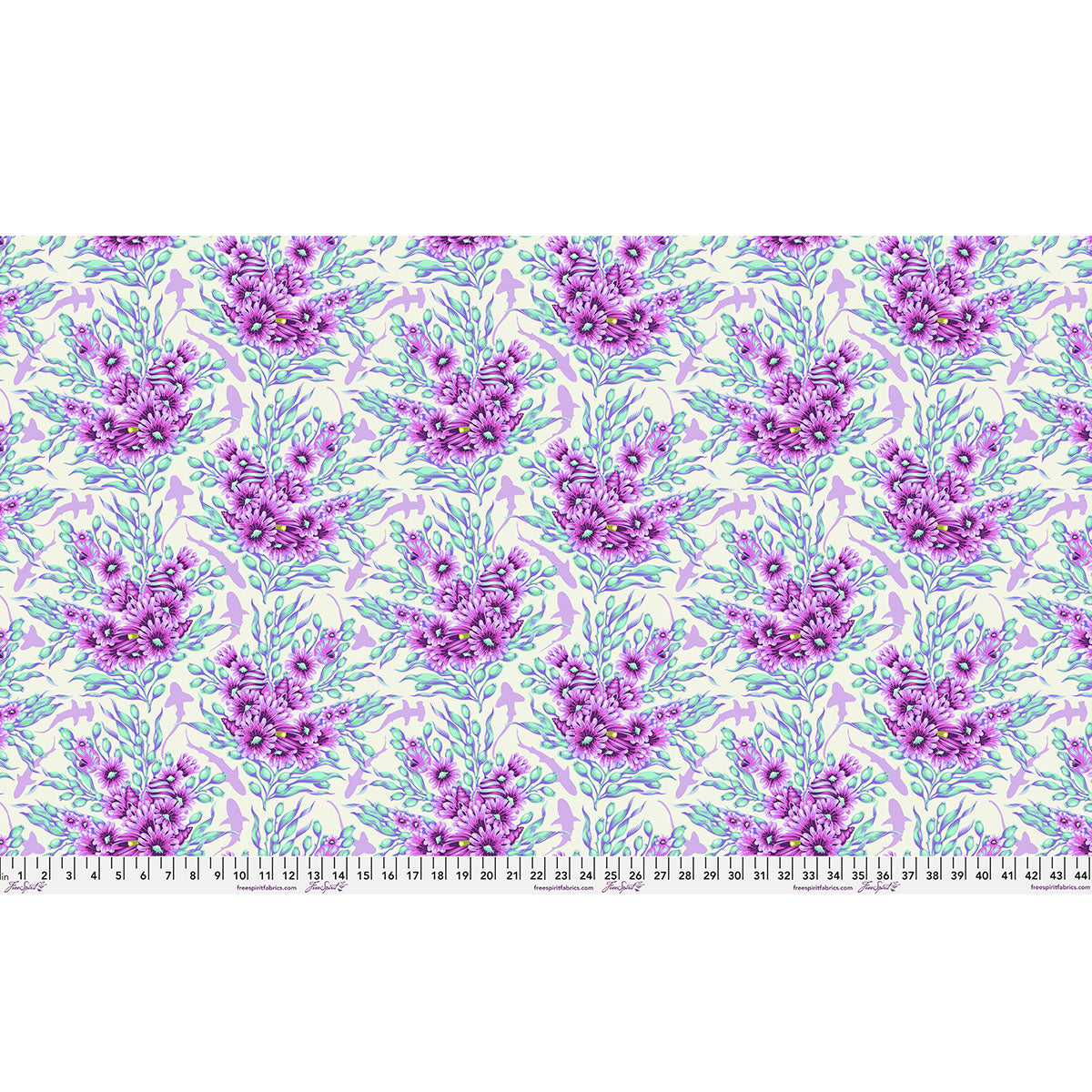 Seamless floral pattern with purple and pink flowers on a light background.