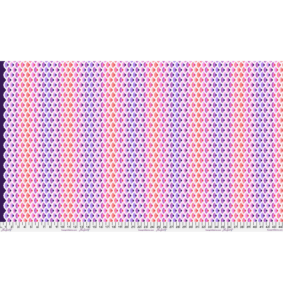 Fabric with a repeating geometric pattern in pink, purple, and navy hues.