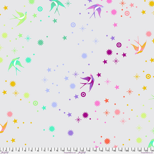 A white background with colorful birds and stars.