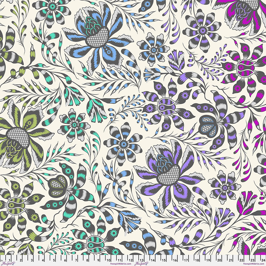 A floral pattern with purple and blue flowers.