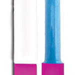 A pink and blue toothbrush with white handle.