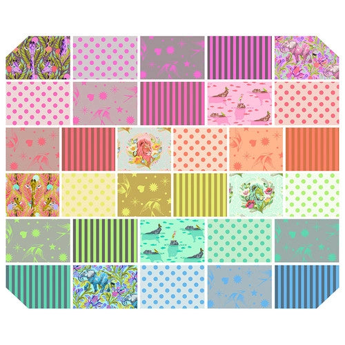 A collage of different colored squares and dots.