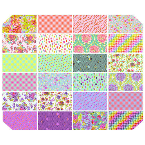 A colorful collage of patterned fabric squares with floral and geometric designs.