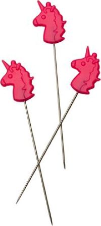 A pink unicorn lollipop with a stick in the shape of a head.
