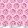 A pink background with many different colored flowers.