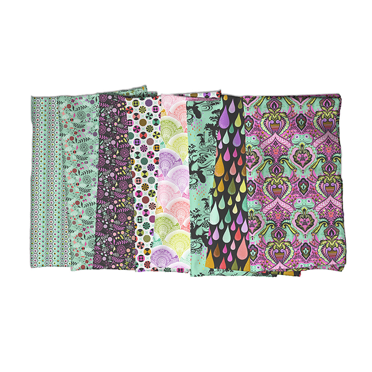A selection of colorful patterned fabric pieces laid out in a row.