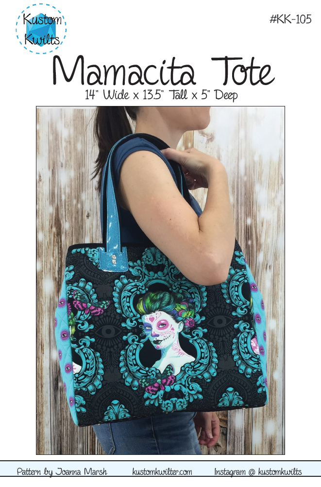A woman holding onto a black bag with blue handles