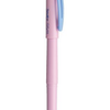 A pink pen with blue tip and white handle.