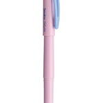A pink pen with blue tip and white handle.