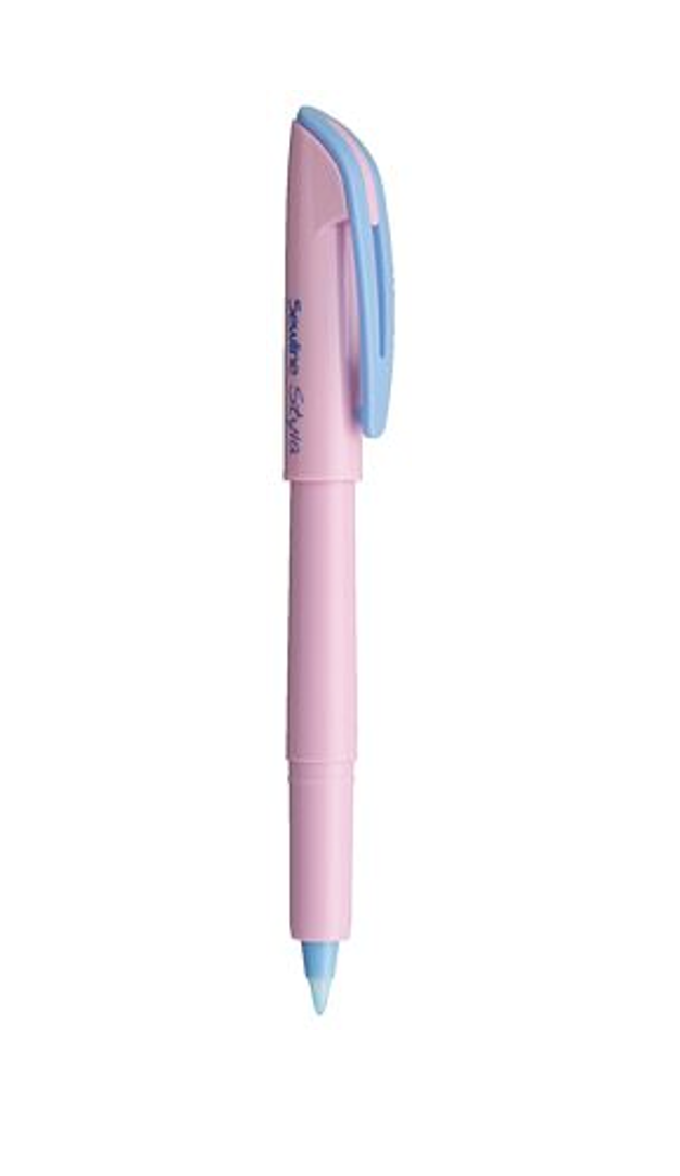 A pink pen with blue tip and white handle.