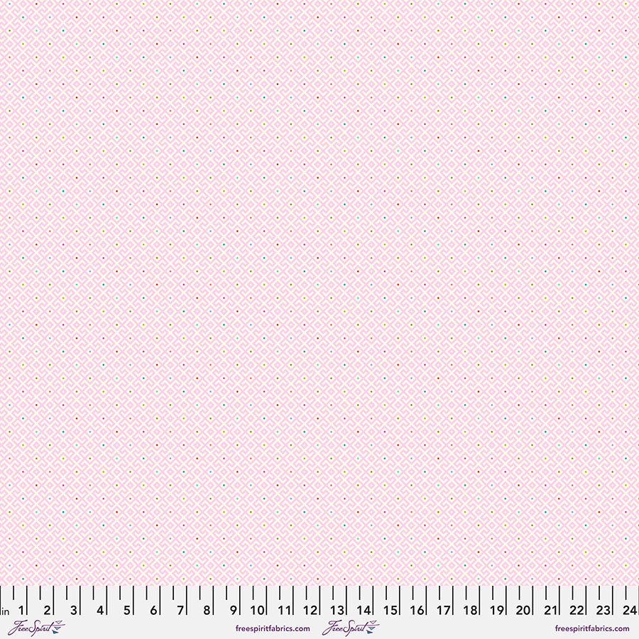 A light pink background with small white dots.