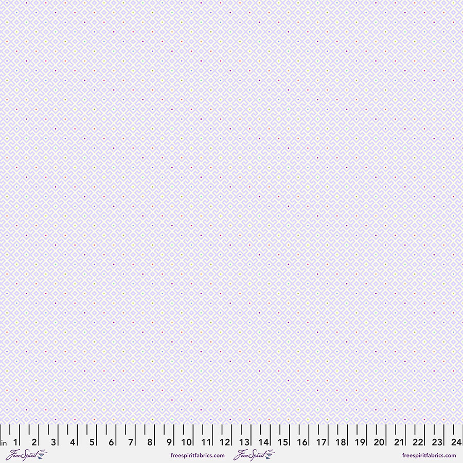 A light purple dotted background with small white dots.
