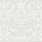 A white floral pattern with birds on it.