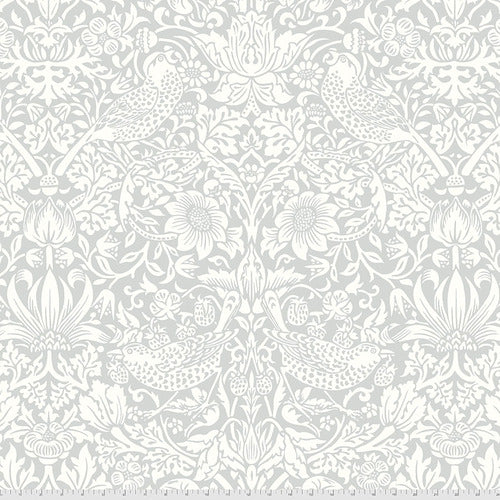 A white floral pattern with birds on it.
