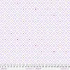 A purple and white pattern with yellow, blue, pink, green and red dots.