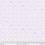 A purple and white pattern with yellow, blue, pink, green and red dots.