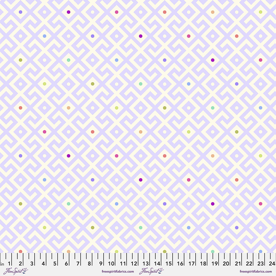 A purple and white pattern with yellow, blue, pink, green and red dots.