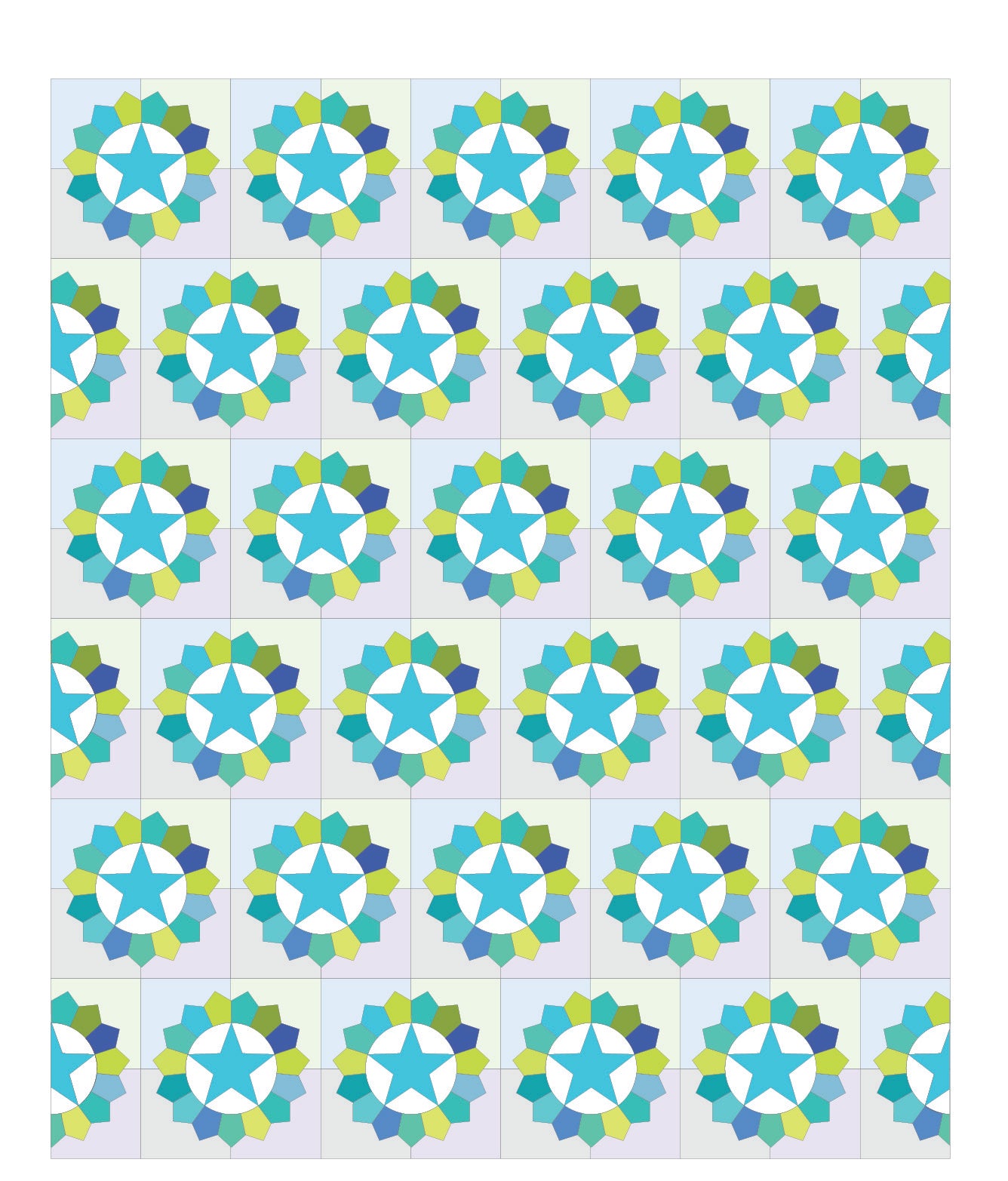 Colorful geometric pattern with star and flower motifs in blue, green, and yellow.