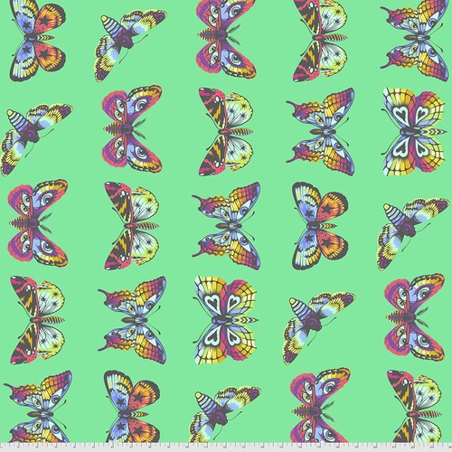 A green background with many different colored butterflies.
