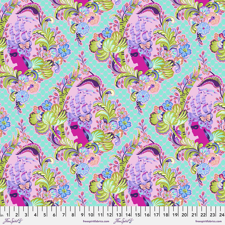 A pattern of flowers and leaves on a blue background.
